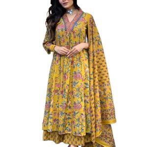 gosriki women's rayon viscose anarkali printed kurta with palazzo & dupatta